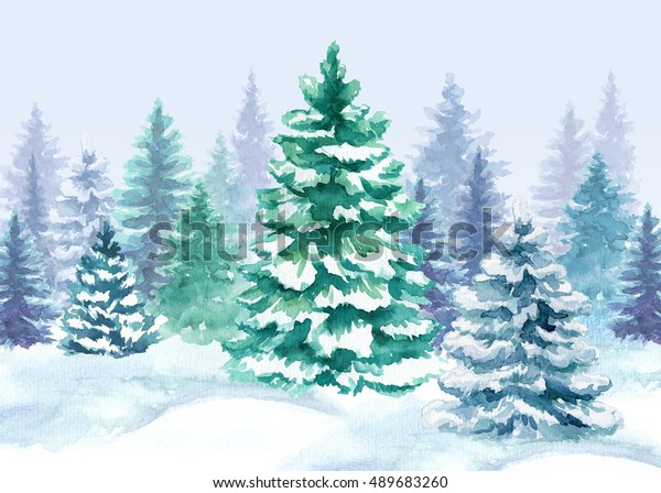 水彩の森のイラスト 冬の木 クリスマスの自然 ホリデーの背景 針葉樹 雪 屋外 雪の多い田園風景 のイラスト素材