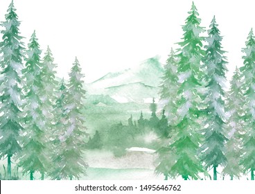 Watercolor forest landscape, green Background for your design. With vintage drawings snow tops, mountains, pine forest, pine, fir, cedar, fir. Forest, wilderness, suburban landscape.Art illustration