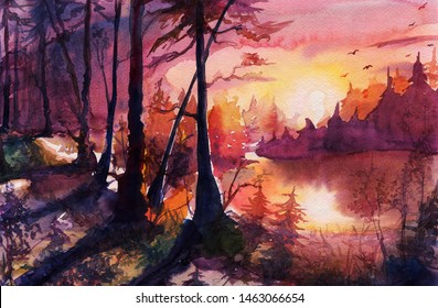 Watercolor forest landscape painting  beautiful abstract drawing art and sunset  sunrise  autumn  hand drawn fantasy art and nature  beautiful background by watercolor   colored pencils