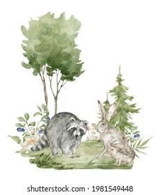 Watercolor forest landscape. Trees, field, fir-trees, wild animals. Racoon, hare, hedgehog, meadow flowers. Summer woodland, nature scene, valley