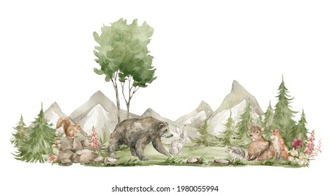 Watercolor forest landscape. Trees, mountains, fir-trees, wild animals. Bear, deer, fox, meadow flowers. Summer woodland, nature scene, valley