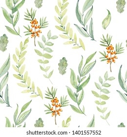 Watercolor forest seamless pattern with leaves and herbs. - Shutterstock ID 1401557552