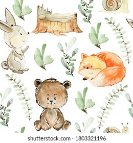 Watercolor Forest Wildlife Seamless Pattern With Animals And Herbs. Cute Cartoon Characters.
