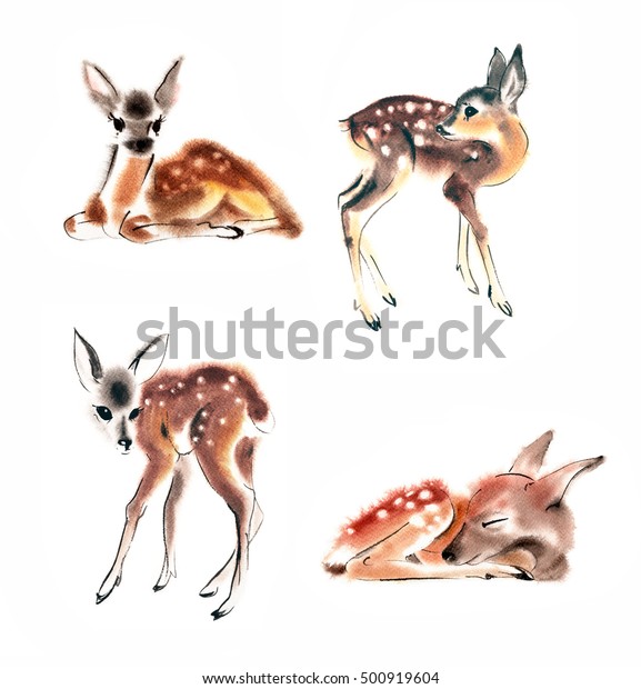 白い背景に水彩4匹の子鹿の赤ちゃん手描きの子鹿イラスト のイラスト素材