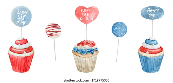Watercolor Fourth Of July Set With Cupcakes, Sticks