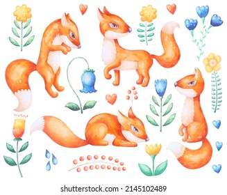 Watercolor Fox And Flower Clip Art. Woodland Clipart With Flowers And Cute Fox Pattern. 