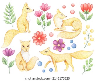 Watercolor Fox And Flower Clip Art. Woodland Clipart With Flowers And Cute Fox