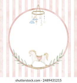 Watercolor Frame for Baby shower cards. Illustration for girl birthday in pastel pink colors. Circular Template with retro rocking horse and plants on striped background. Border for Newborn invitation - Powered by Shutterstock