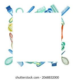 Watercolor Frame With Barber Tools .White Background.