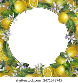 Watercolor frame with blooming lemon tree branches, flowers and lemons on yellow background.Hand-drawn round frame for greeting card,invitation. Summer citrus wedding border, bridal shower. - Powered by Shutterstock