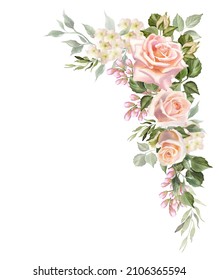 Watercolor frame of blush rose flowers. Corner border. Spring bouquet, wreath. Design perfect for wedding invitation, greeting cards. Hand drawing floral illustration isolated on a white background