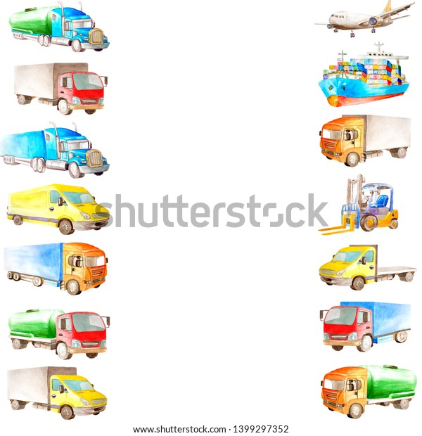 Watercolor frame border of cartoon cargo vehicle,\
transport, trucks and carriers, ship and plane with a white copy\
space in the\
middle.