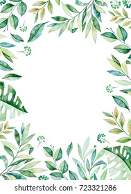 Watercolor frame border.Texture with greens,branch,leaves,tropical leaves,foliage.Perfect for wedding,invitations,greeting cards,quotes,pattern,logos,Birthday cards,lettering etc