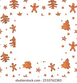 Watercolor frame of Christmas gingerbread cookies. gingerbread man, stars, spruce. Top view. Watercolor illustration. Space for text. For invitation template, label - Powered by Shutterstock