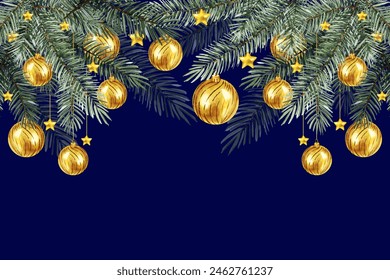 watercolor frame with Christmas tree with golden Christmas baubles, balls, stars, hand drawn sketch of green fir branches with Christmas tree toys, blue background, winter illustration - Powered by Shutterstock