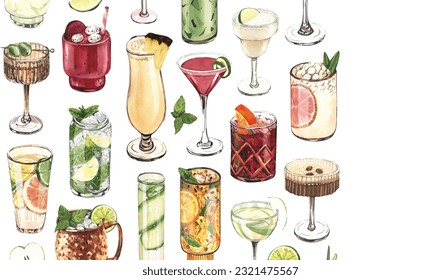 Watercolor frame, cocktail glasses: martini, gin,margarita,mojito,liquor,rum,moscow mule. Hand-drawn illustration isolated on white background. Perfect for recipe lists with alcoholic drinks, for cafe - Powered by Shutterstock