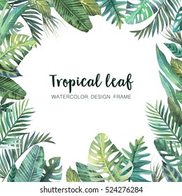 Watercolor Frame Of Colorful Tropical Leaves. Concept Of The Jungle For The Design Of Invitations, Greeting Cards And Wallpapers.