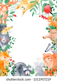 Watercolor Frame Cute Forest Animals Berries Stock Illustration ...