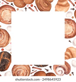 Watercolor frame with delicious hot pastries. Sesame and poppy seed buns, croissant and bagels. Frame template for chef invitations and business cards. - Powered by Shutterstock