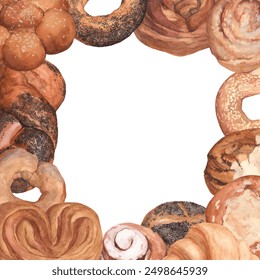 Watercolor frame with delicious hot pastries. Buns with poppy and sesame seeds, croissant and bagels. Frame template for invitations and business cards, scrapbooking. - Powered by Shutterstock