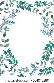 Watercolor frame design with various green plants isolated on white background. Hand drawn natural card with branches, leaves and berries. Oval wreath 