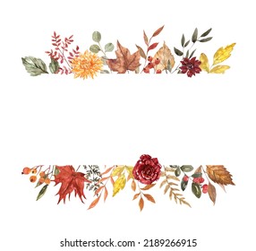 Watercolor Frame With Fall Tree Leaves, Orange And Burgundy Flowers, Isolated On White Background. Autumn Botanical Border.