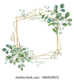 Watercolor frame with green floral, eucalyptus greenery leaves on golden frame. Baby nursery decor, greenery baby shower, wedding card, greenery invintation card. - Powered by Shutterstock