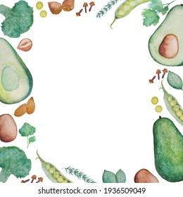 Watercolor Frame With Green Vegetables And Nuts. Square Illustration With Healthy Food Concept. Perfect For Decorating A Menu, Leaflet Or Poster In A Vegetarian Food Cafe