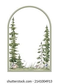 Watercolor Frame With Nature Landscape, Green Spruce Trees, Evergreen Fir And Wild Animals. Card For Invitation, Greeting. Wreath With Forest Elements.