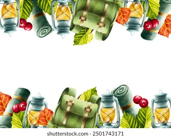 Watercolor frame, postcard, template with oil kerosene lantern, red berries, autumn leaves and green hiking backpack illlustrations. Mountin equipment for recreation tourism and adverture isolated on - Powered by Shutterstock