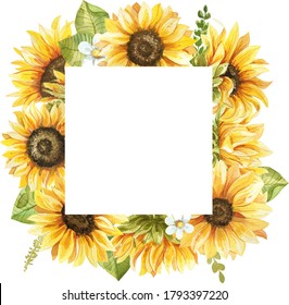 Watercolor frame and sunflower hand painted illustration  perfect for wedding invitation  greeting card  fabric  textile  wallpaper  ceramics  branding  web design  stationery  cosmetic  social media