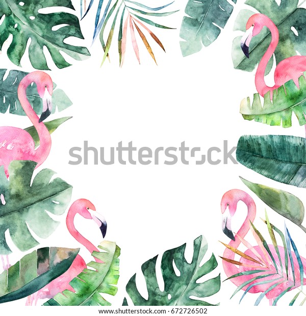 熱帯のジャングルの葉とピンクのフラミンゴを持つ水の色の枠 手描きのアロハイラスト のイラスト素材
