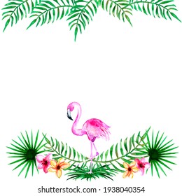 Watercolor Frame With Tropical Leaves And Flamingo On An Isolated Background