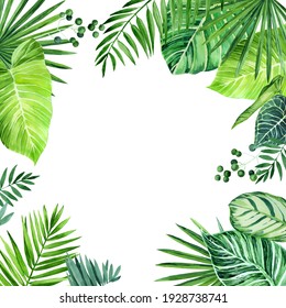 Watercolor Frame Of Tropical Leaves. Philodendron Leaves, Calathea, Palm Leaves, Scindapsus Leaves; . Watercolor Illustration Isolated On A White Background.