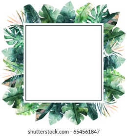 Watercolor Frame With Tropical Palm Leaves. Hand Drawn Illustration