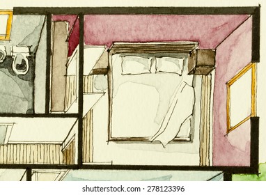 Watercolor Freehand Ink Attractive Traditional Sketching Graphic Representation Of Floor Plan Real Estate Property, Showing Private Master Bedroom Concept In Isometric Artistic Custom Design Way