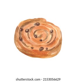 Watercolor French Bun With Raisins. Sweet Pastries. High Quality Photo