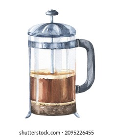Watercolor French press for coffee on white background. Watercolour food illustration.