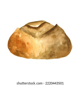 Watercolor Fresh Bread Loaf Clipart Element Isolated On White Background. Hand Drawn Bakery Product Illustration For Kitchen Decor, Recipe, Cook Book Design, Menu, Cafe, Restaurant.