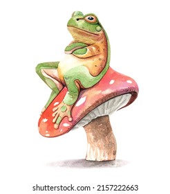 Watercolor frog on mushroom illustration. Frog paint. Frog paint clip art, T-shirt, Baby shower isolated on white background. This has clipping path.