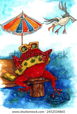 A watercolor frog sitting on a pier with Floaties or rubber ring tries to put his foot in cold water. An indignant seagull flies next to a frog. summer bathing season