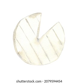 Watercolor Fromage Brie Or Camembert. Hand Drawn Illustration Of Dairy Food.