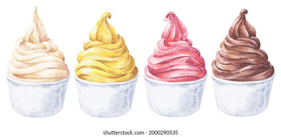 Watercolor Frozen Yoghurt In Cup On White Background. Watercolour Froyo Flavours, Food Illustration.	