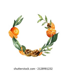 Watercolor Fruit And Greenery Wreath. Semi Round Frame With Walnuts, Tangerins And Leaves. Botanical Decor For Wedding And Invitation