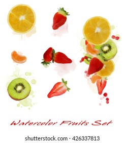 Watercolor fruits set on white background 