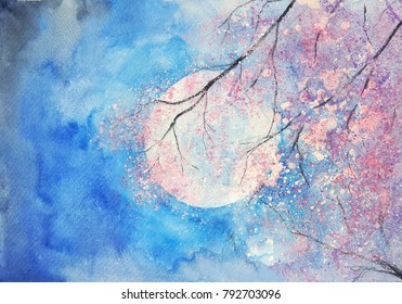 Watercolor Full Moon And Pink Tree Landscape