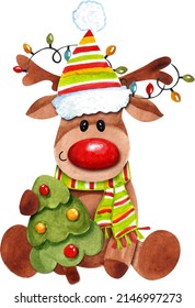 Watercolor Funny Christmas Deer With A Christmas Tree In A Hat And Scarf