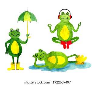 Watercolor funny green cartoon frogs in different poses isolated on white
