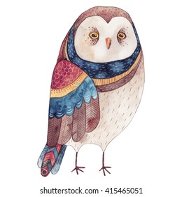Watercolor funny kids illustration with owl. Hand drawn animal drawing. Owl bird painting. Perfect for t-shirts,cards,prints,postcards.