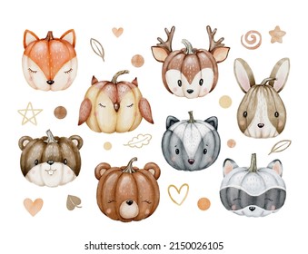 Watercolor Funny Pumpkins Clipart Set, Cartoon Woodland Animals Illustration, Cute Fall Kid Png